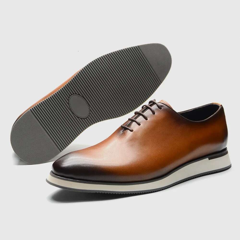 Handmade Genuine Cowhide Leather Casual Oxfords Mens Dress Shoes Whole-Cut Plain Toe Lace-Up Soft Flat Sneakers For Men