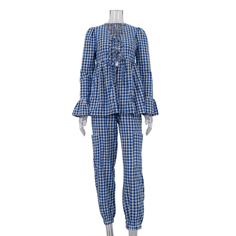 New4 New Women's Spring Wear Set: A Sexy Lace Up Long Sleeved Fluffy Small Shirt With Feet Tights Checkered Set