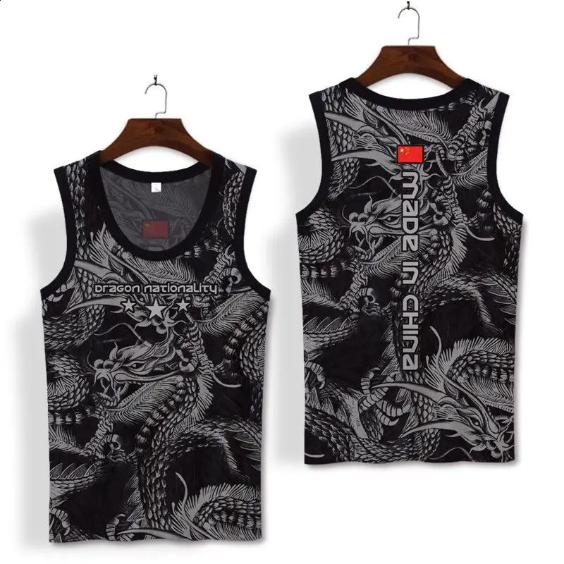 Summer Ice Silk Chinese 3D Dragon Black Tank Top Muscle Compression Gym Sleeveless T Shirt Y2k Streetwear Tops 250225