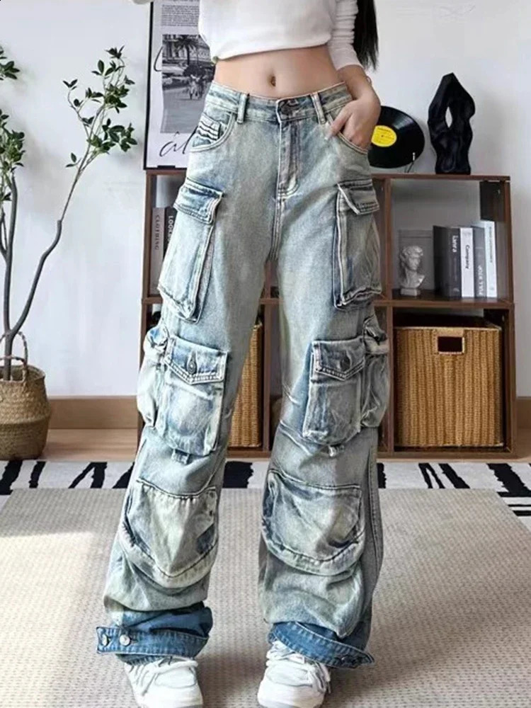 Vintage Fashion Womens Gradient Multi Pockets Jeans Winter High Waist Buttons Cargo Denim Pants Female 250224CJ