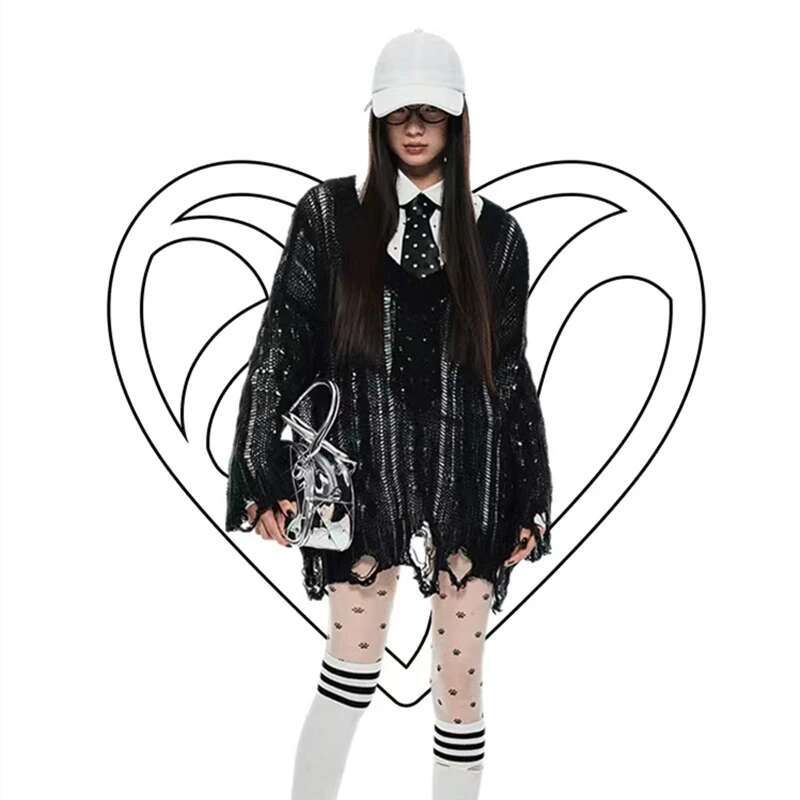 Hole Hollow Out Y2K T-shirts Batwing Sleeve Knitted Shirt For Women Loose Streetwear Tops Spring Autumn 2024