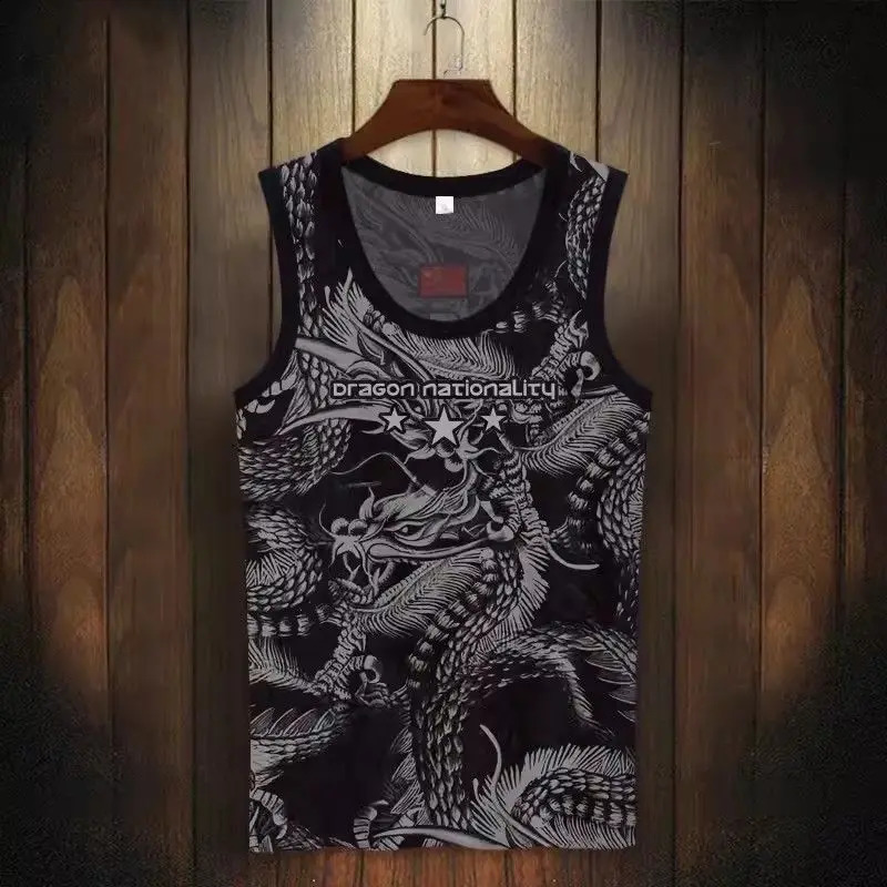 Summer Ice Silk Chinese 3D Dragon Black Tank Top Muscle Compression Gym Sleeveless T Shirt Y2k Streetwear Tops 250225