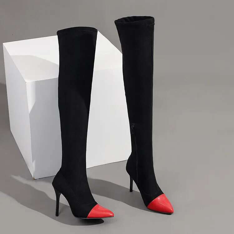 Sexy Stretch Fabric Patchwork Pointed Toe Thigh Slip On Stiletto High Heels Elastic Over The Knee Sock Boots Shoes