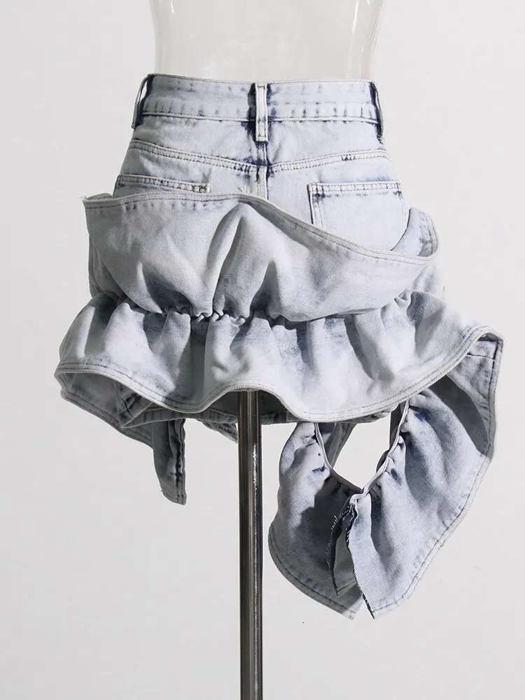 Colorblock Denim Skirts For Women High Waist Patchwork Ruffles Vintage Slimming Skirt Female Fashion Clothing Style