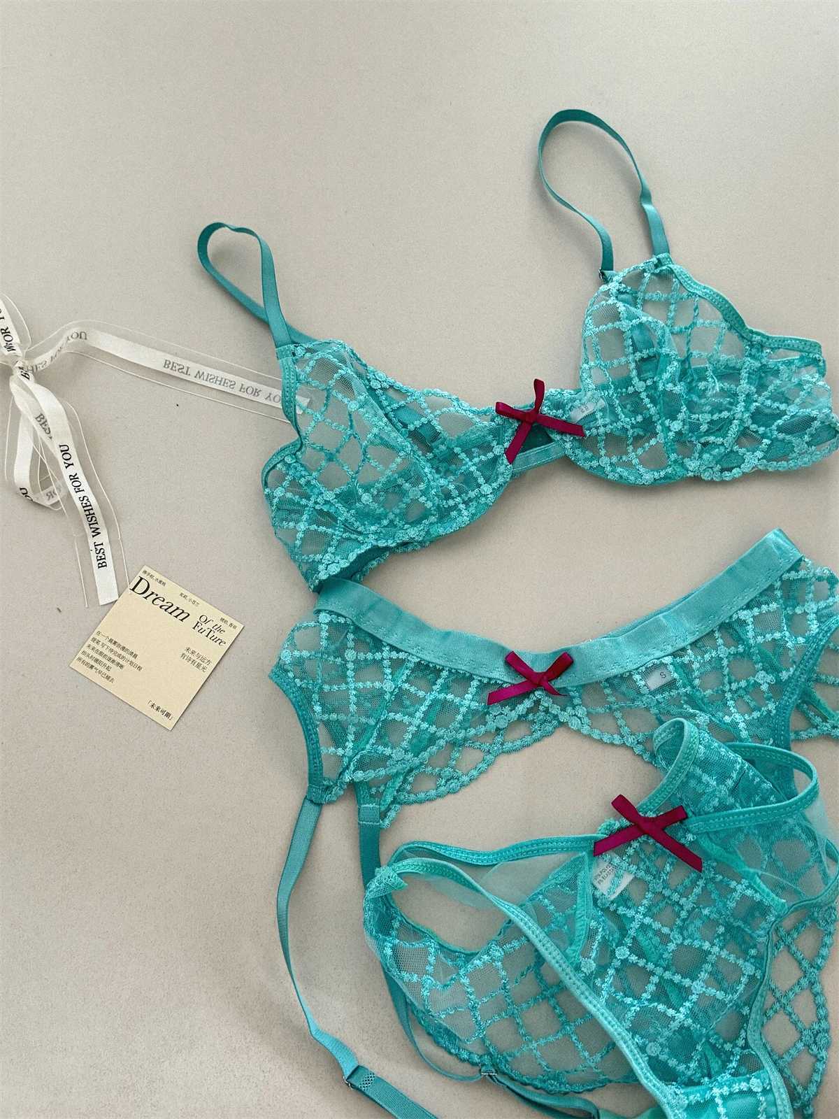 Mermaid blue three-piece lingerie set of thin large breast underwear sexy lace bra breathable romantic bra with underpants suitXJ250301