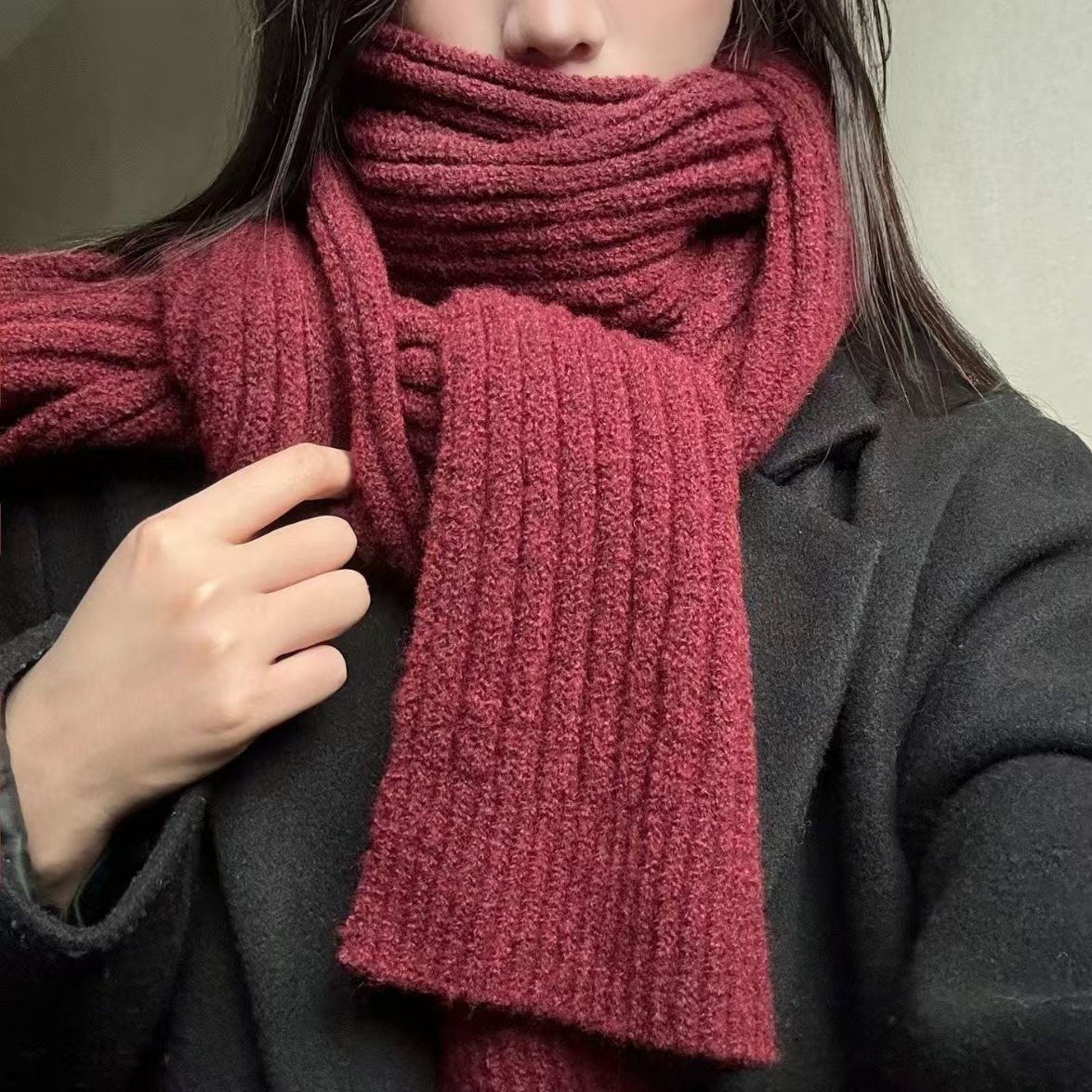K022 Scarf women autumn and winter Korean style new all-match wool blended knitted solid color wool thick warm couple neck scarf