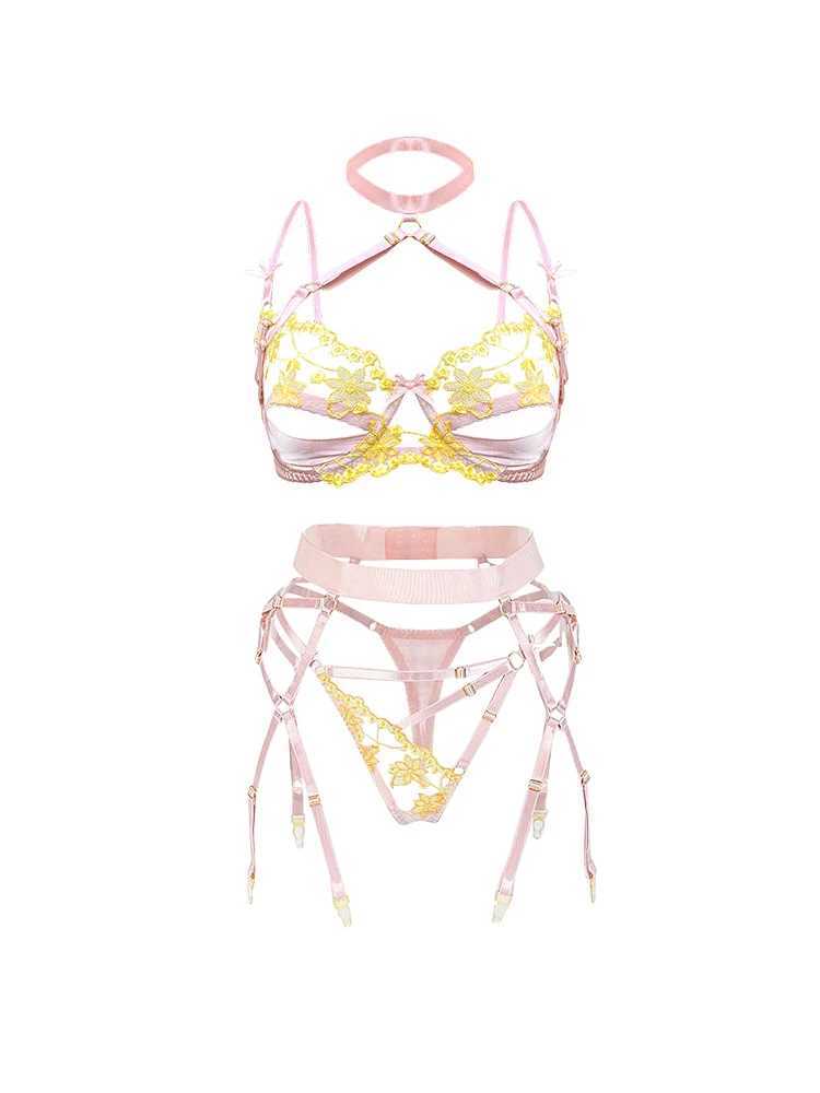Fashion Print Embroidery Porno Underwear Sets Spliced Backless Lingerie Sexuality Sheer Vintage Lace 3 Pieces SuitXJ250301
