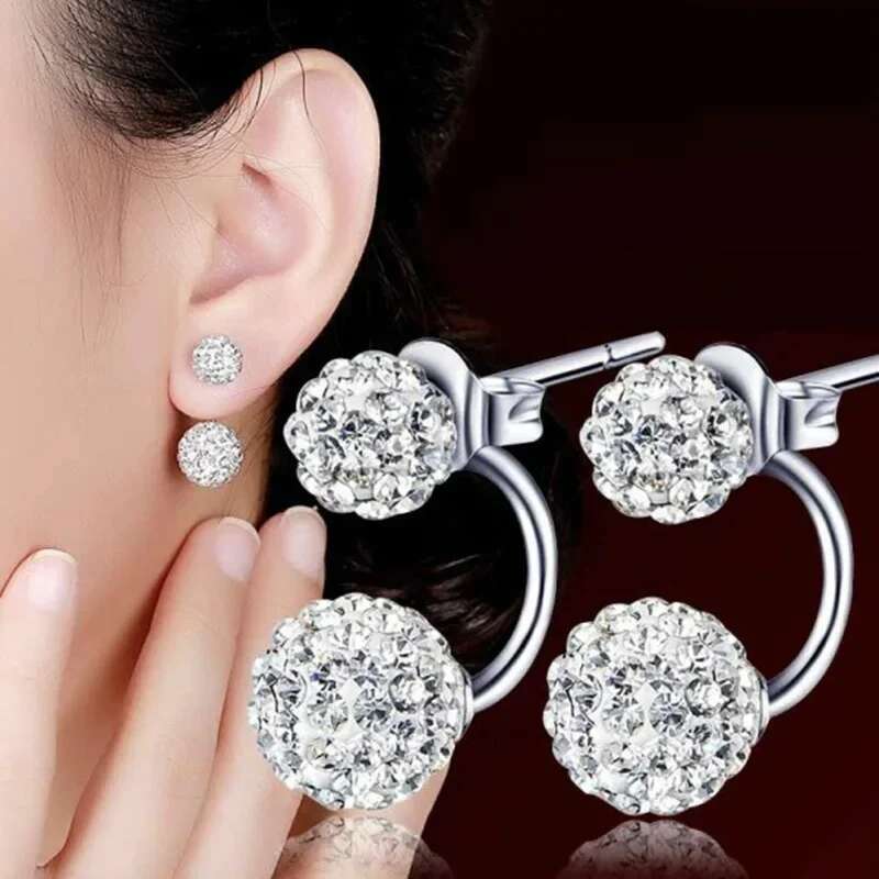 Women's Double Crystal Ball Sier-plated Delicate Stud Earrings Fashion Jewelry Accessories