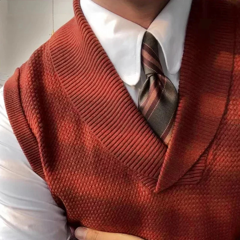 Green Fruit Collar Knitted Vest Korean V Neck Solid Men Sleeveless Pullover British Retro Warm Sweater 250225