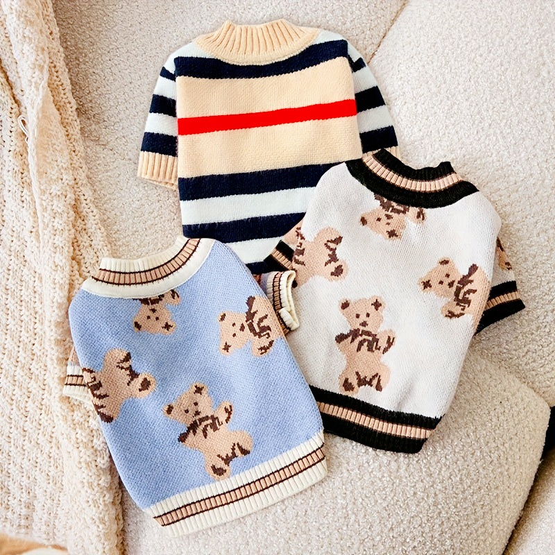 Fashion Dog Clothes Bear Print Cardigan Luxury Knitted Sweater French Bulldog Warm Coat Puppy Outfit Jacket Winter Pet Supplies