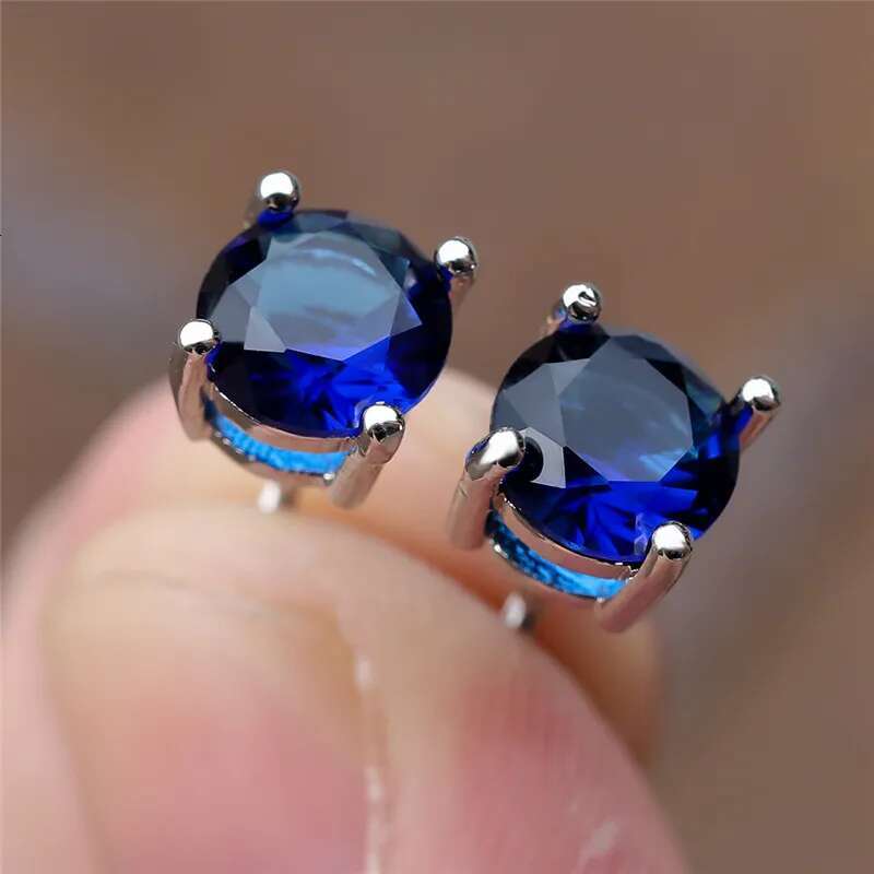 Female Crystal Light Blue Stone Earring Charm Sier Color Stud Earrings Cute Round Zircon Wedding Jewelry For Women