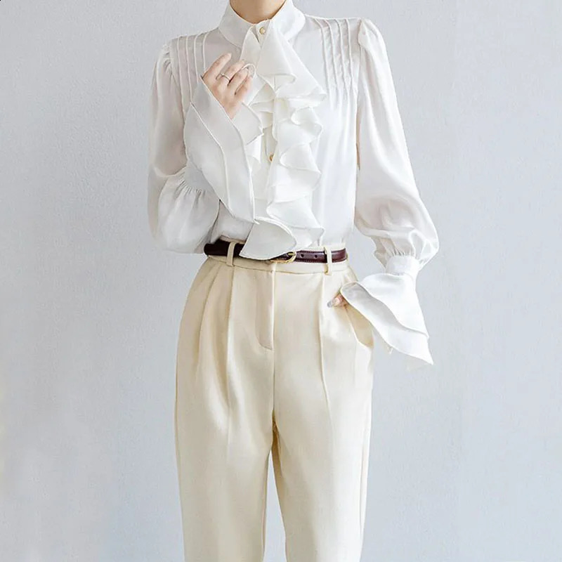 Solid Color Ruffles Long Sleeve Shirts Women Spring Vintage Elegant Patchwork Stand Collar Flare Sleeve Pleated Sweet Blouse 250225