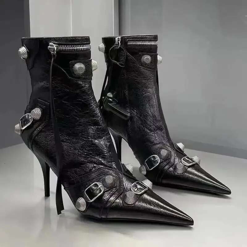 Gold Sier Women Pointed Toe Stilettos Heels Knee High Sexy Ladies Rivet Retro Pumps Cosplay Ankle Boots