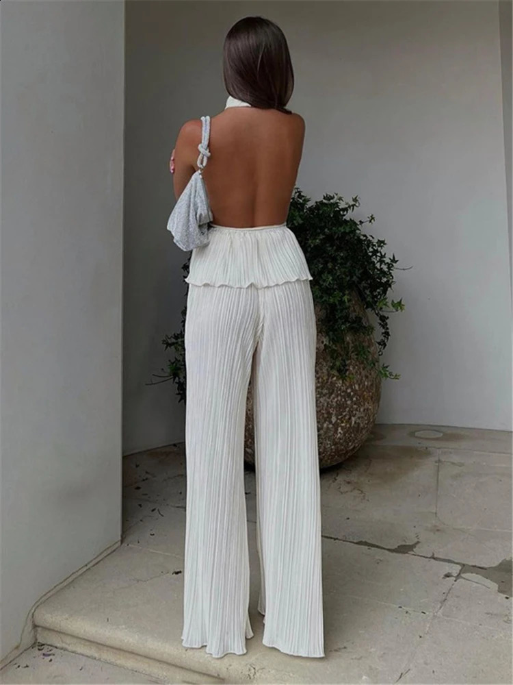 Tossy Casual Loose Halter Two Piece Sets Suit Women Summer High Waist Pants Set Ladies Elegant Ruched Travel Holiday Outfits 250225