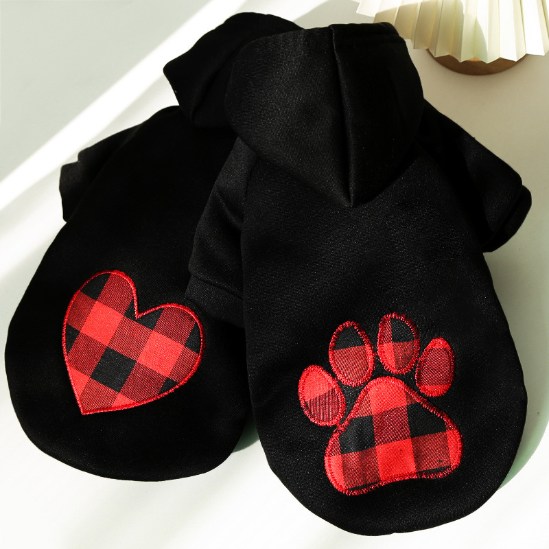 Stylish Dog Hoodie with Plaid Embroidered Heart, Dog Paw Pattern, Puppy Streetwear Autumn Winter Cotton Sweatshirt Fashion Outfit for Small Medium Lar
