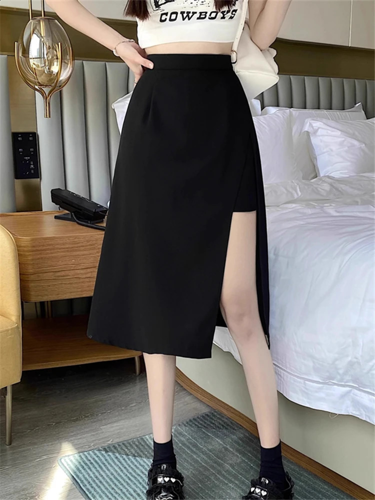 High Waist Hip Skirt Irregular Slit Black Skirt for Women Summer Mid-length A-line Harajuku Vintage Women Clothing 250224