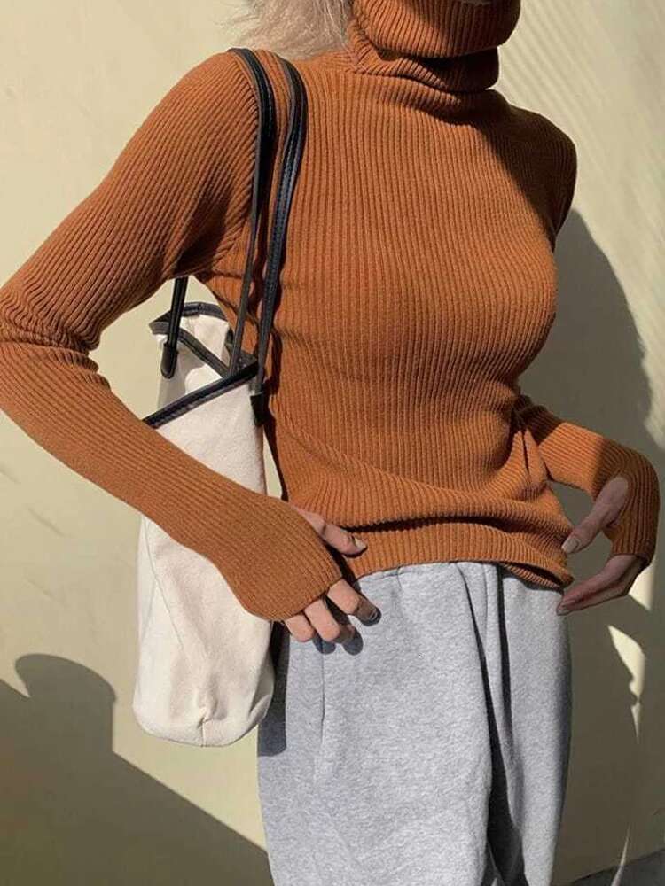 Knitted Women Korean Version Turtleneck Sweater Winter Solid Color Pullover Slimming Interior Lapping Warm Basic Tops