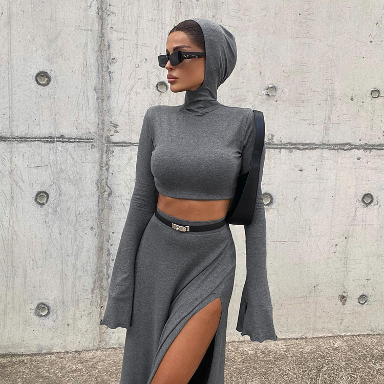 Women's Short Hooded Top With High Waist Side Slit, Unique Skirt, New4 Spring And Autumn New Two-Piece Set For Women