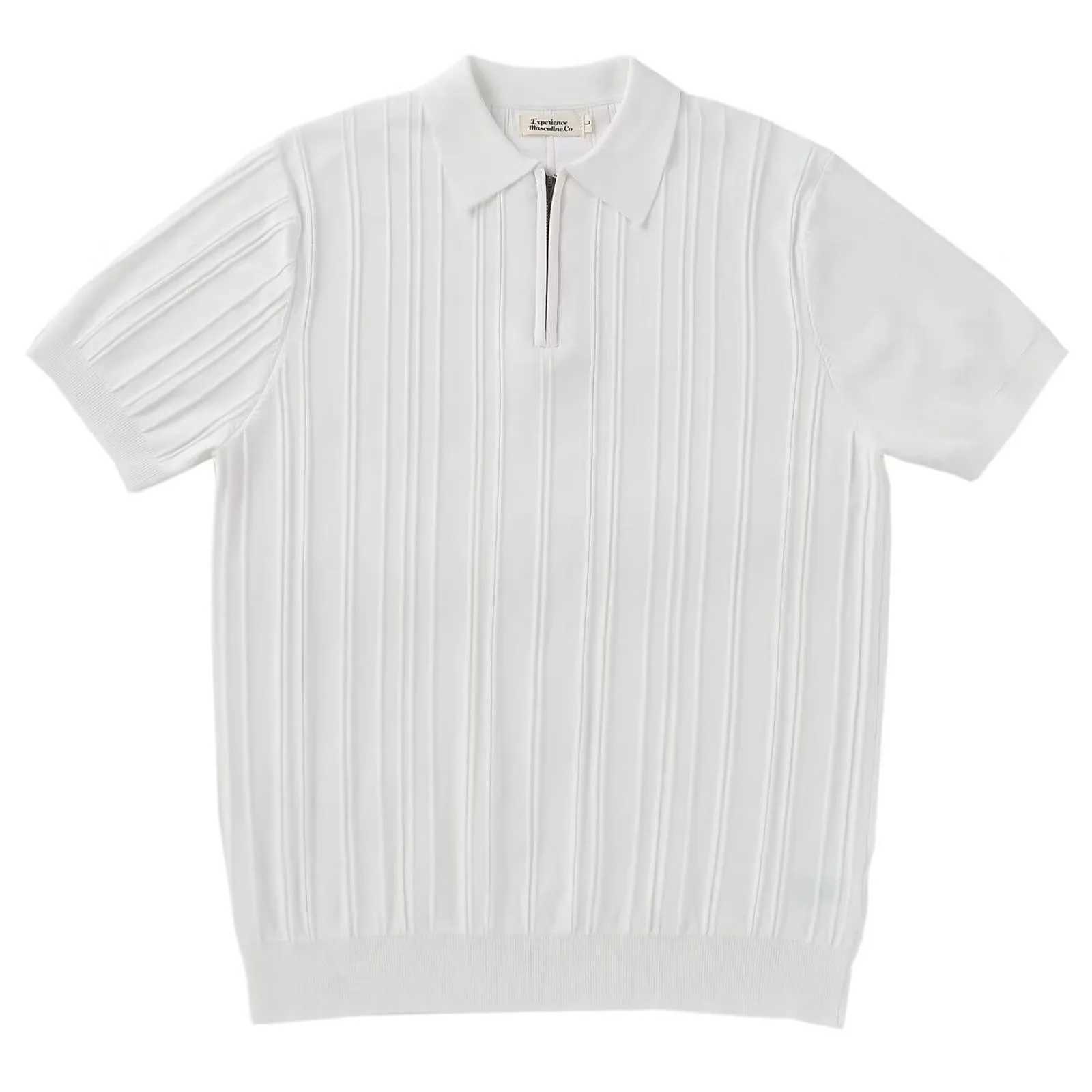 Korean Luxury Slim Soild Retro Tops Tees Clothes Knit Shirts Short Sleeve Quarter Zip Casual T Shirts Retro Camisas De HombreT250228