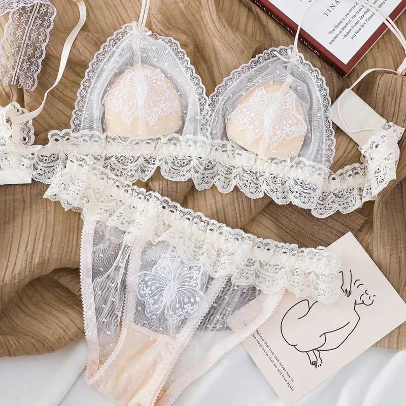 2 Pieces French Ultra Thin Sexy Bra Set Women Bow Lace Flowers Embroidery Underwear Breathable Triangle Cup Lingerie SetXJ250301