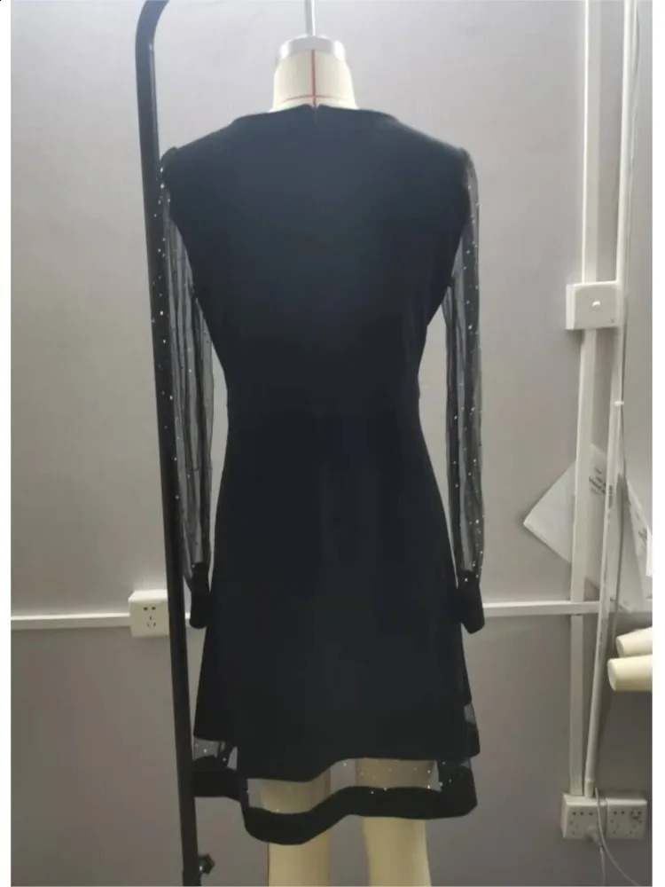 Sexy Deep V-neck Black Mesh Dresses For Women Fashion Sequins Long Sleeve Midi Dress Autumn Elegant Party Womens Dress 250228