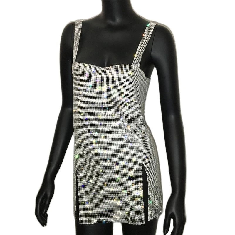 Glisten Metal Rhinestone Summer Dress For Women Backless Split Dress Sleeveless High Waist Bodycon Night Party Mini Dresses250222