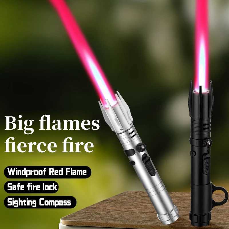Metal Lightsaber Style Gas Lighter Powerful Red Flame Turbine Jet Torch Outdoor Compass Windproof Lighter BBQ Welding Cigar ToolT250301