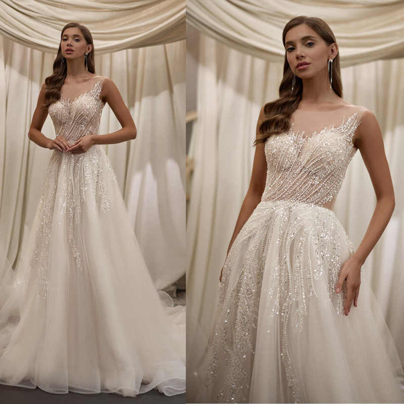 Crystal Classic A Line Wedding Dresses Sleeveless Lace Appliques Lace With Bling Sequins Bridal Gowns Lace Up Special Occasion Sweep Train Vestido de 