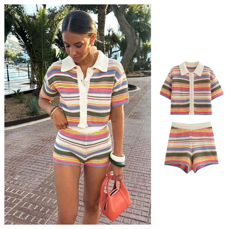 PB ZA autumn womens clothing fashion temperament slim fit casual POLO collar short knitted sweater striped shorts set 250228