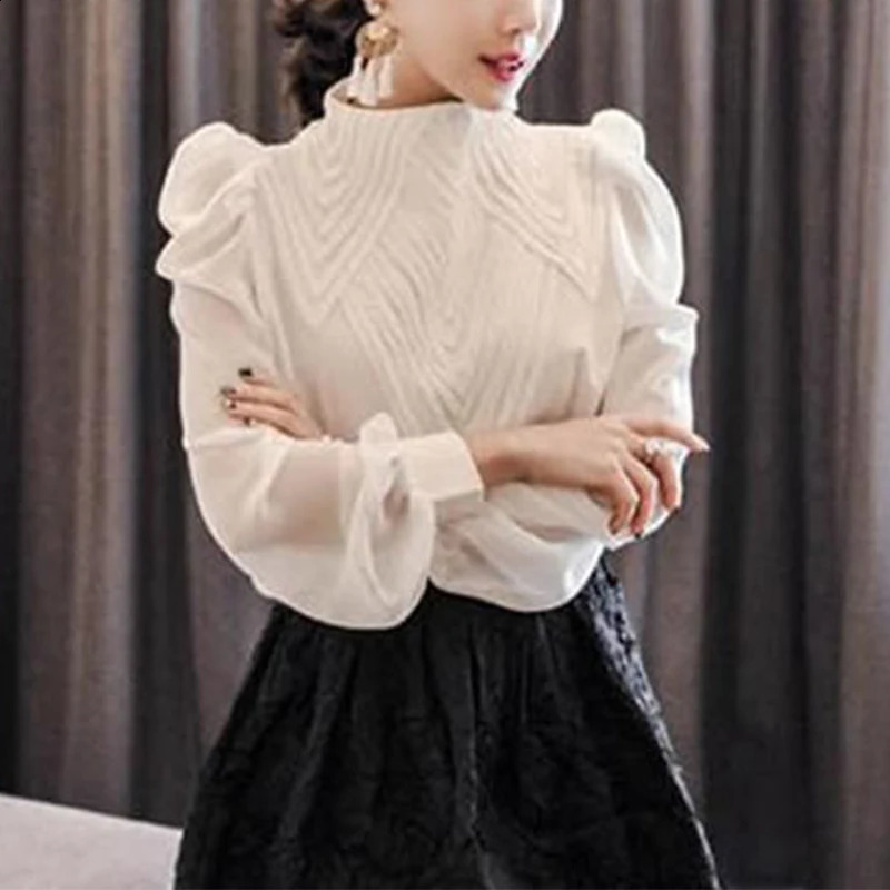 Spring Summer Office Lady Stand Collar Elegant Fashion Chiffon Shirt Femme Long Sleeve Solid All-match Pullover Top Women Blouse 250225