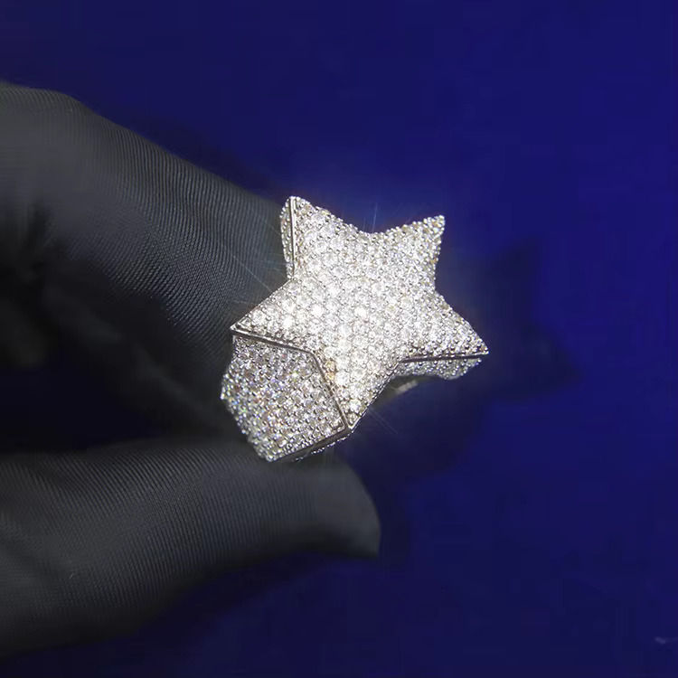 Hot Hiphop Men Women Fine Jewelry Iced Out Gold Plated 925 Sterling Silver VVS Moissanite Diamond Star Ring With GRA Certificate