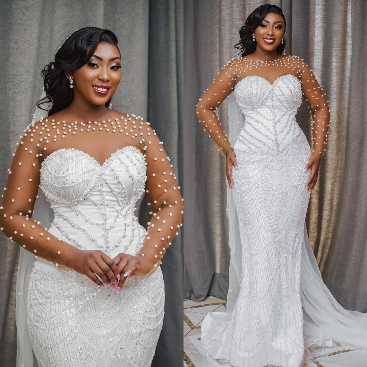Elegant Wedding Dresses Pearls Mermaid Bridal Gowns Sequins Beading Long Sleeves O Neck Customized Princess Sweep Train Bride Dress Vestidos De Novia