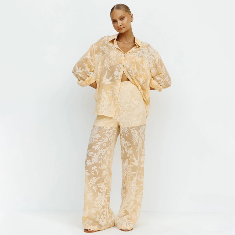 New3 Women's Elegant And Advanced Autumn Printing Sunscreen Long Sleeve Shirt Wide Leg Pants Set Two Pieces