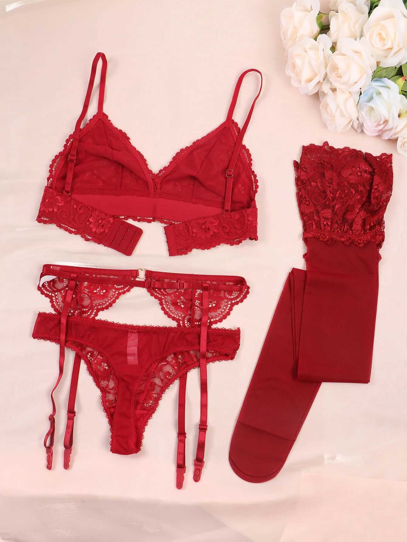 Varsbaby lace bra set for women without padding panties garters stockings summer lingerie sexyXJ250301