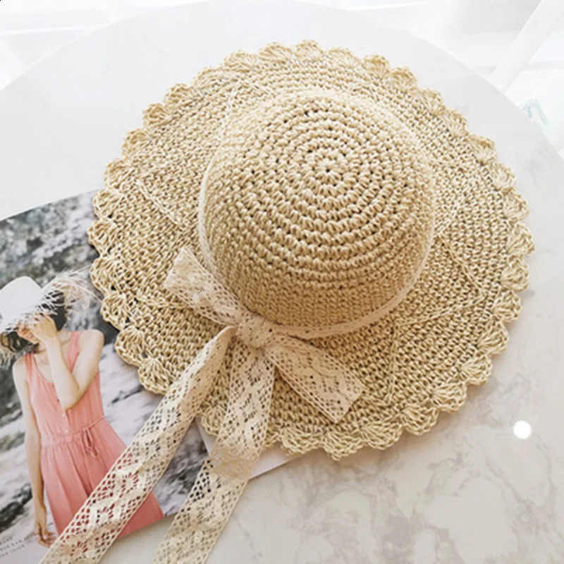 Women Lace Sun Hats For Wide Brim Straw Beach Cap Summer Visors Hat Foldable Sun Hat Fashion Straw Hat Female UV Protection Cap 250227