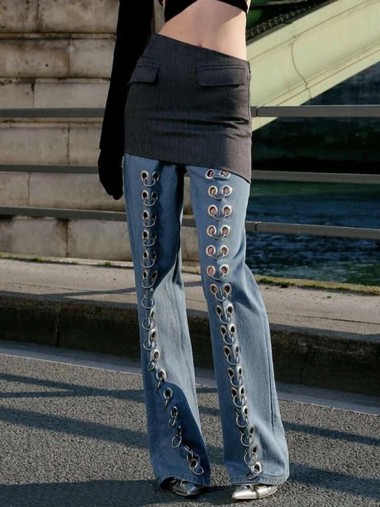 DEAT Fashion Women Denim Pants Loose Low-Waisted Metal Hollow Out Or-Length Straight Blue Lady Jeans Spring 2025 New 19F2031