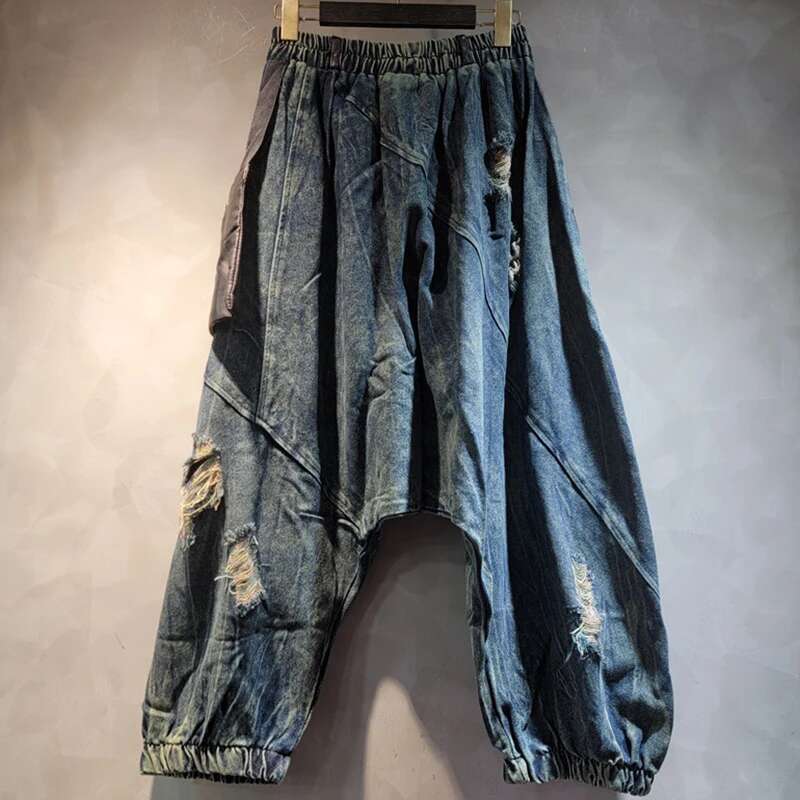 DEAT Women's Fashion Patchwork Elastic Waist Pocket Jeans Loose High Street Denim Trousers Female Trend 2024 Winter New 11A01760