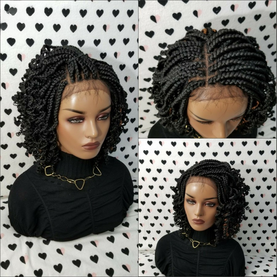 Brazilian 13X6 HD Lace Front Short Boho Box Braided Wigs Curly Tips 14 inch Bohemian Knotless Braid Wig for Black Women Synthetic Braided Wigs with Ba