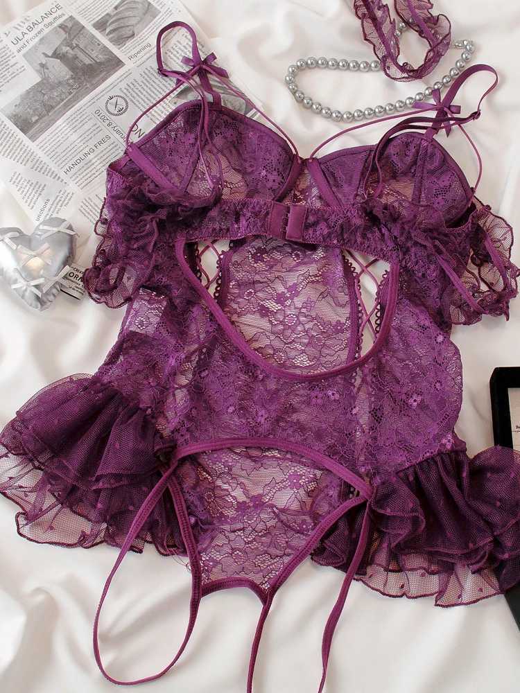 Purple Lace Sexy Lingerie Set Corset Bra Set One Size Women Bodysuit Hollow Out Ladies UnderwearXJ250301