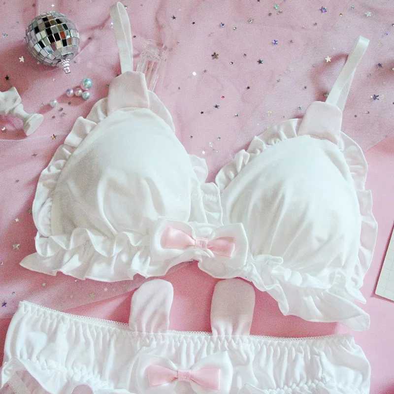 Japanese Lolita Kawaii Bow Ruffle White Underwear Set Sexy Female Cute Rabbit Ear Underwear Womens Bra and Underwear Set BraXJ250301