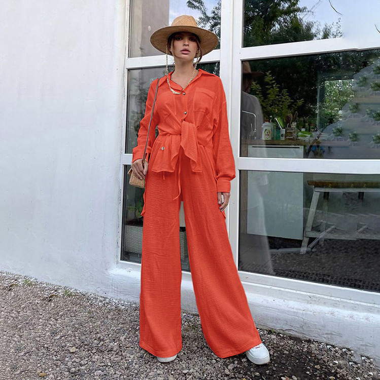 New2 New Autumn Fashion Casual Women's Long Sleeve Shirt High Waist Wide Leg Pants Small Two Piece Set