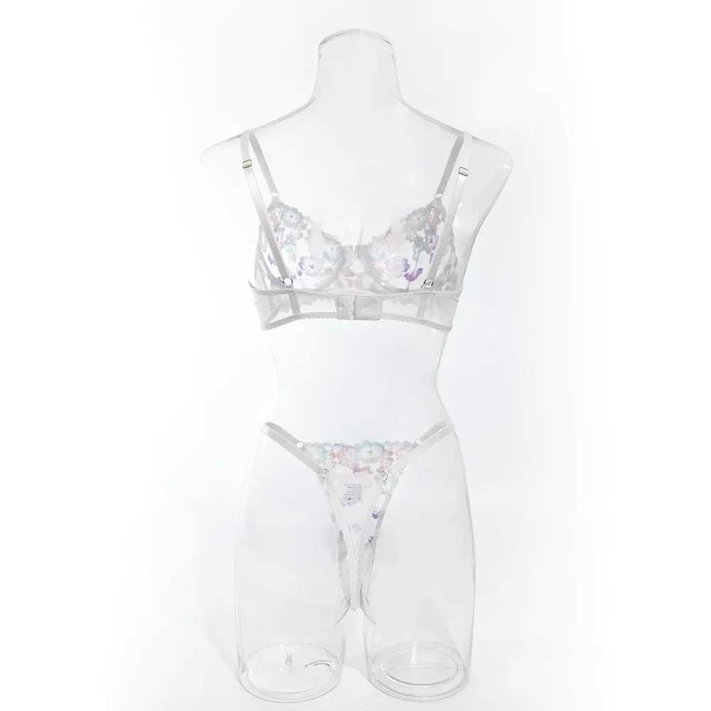 Womens Sexy Suspender Lingerie Set Blue and White Embroidery Mesh Bra Soft Steel Ring Perspective Exotic Apparel Suit UnderwearXJ250301