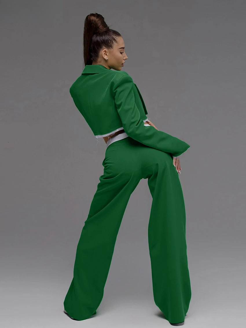 Sexy Loose Green 2 Piece Sets Women Outfit Fashion Long Sleeve Crop Shirt With Low Waist Wide Leg Pants Set Streetwear
