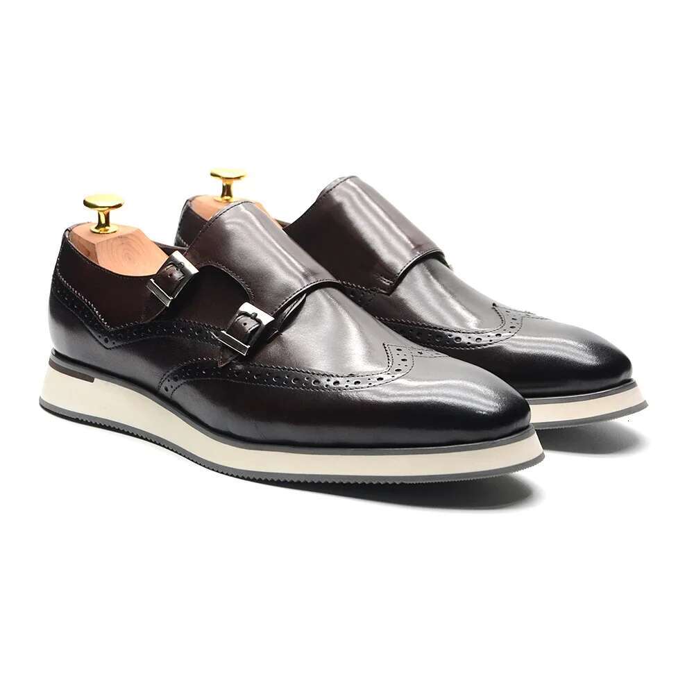 European Men Sneakers Genuine Cow Leather Monk Strap Basic Double Buckles Wingtip Brogue Casual Office Party Mens Shoes