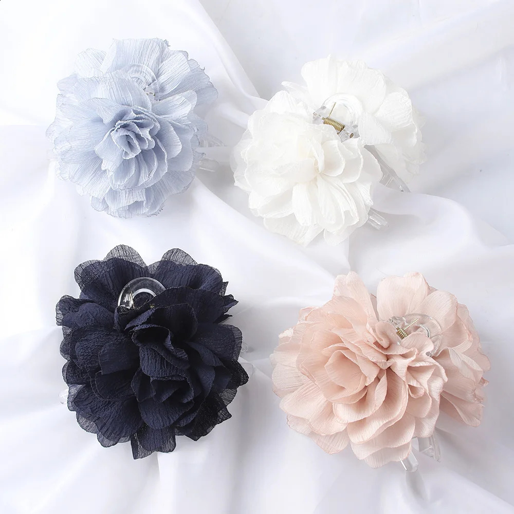 Fabric large flower hair clip womens soft chiffon tail holder bucket fashion 250218