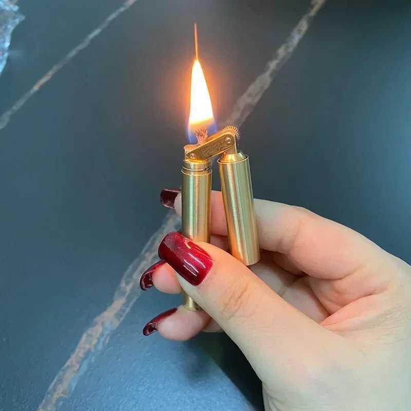 New Brass Kerosene Nunchakus Lighters Windproof Mini Retro Grinding Wheel Ignition Flint Free Fire Men Smoking Toy Gift X250228