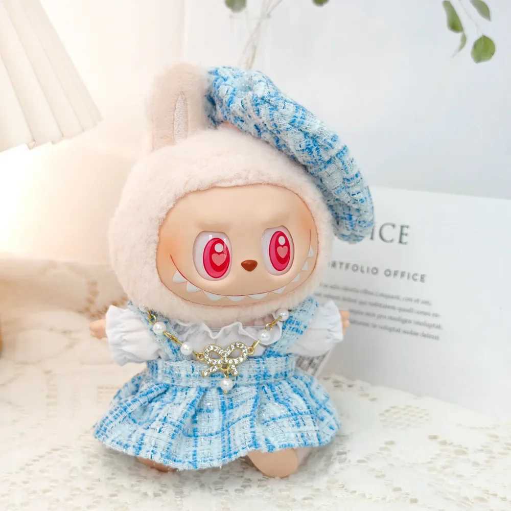 Mini DollS Clothes Outfit For 15-17cm Labubu V1 V2 Classic Grid style Dress Cloak Set With Pearl Element Beret Clothing W250301