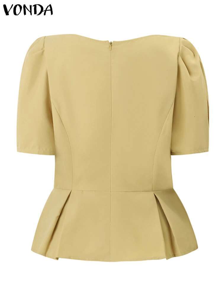 VONDA 2024 Summer Square Collar Women Blouse Tops Tunic Short Puff Sleeve Fashion Loose Shirts Casual Solid Color Blusas