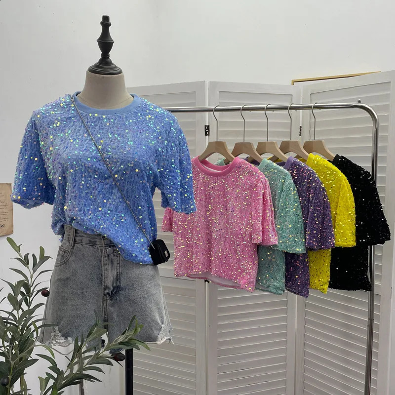 Womens Pink Sequined Short-Sleeved T-shirt Loose Nightclub Blingbling Sweet Short Top 9088 Y2k Essential Streetwear Outfit 250225