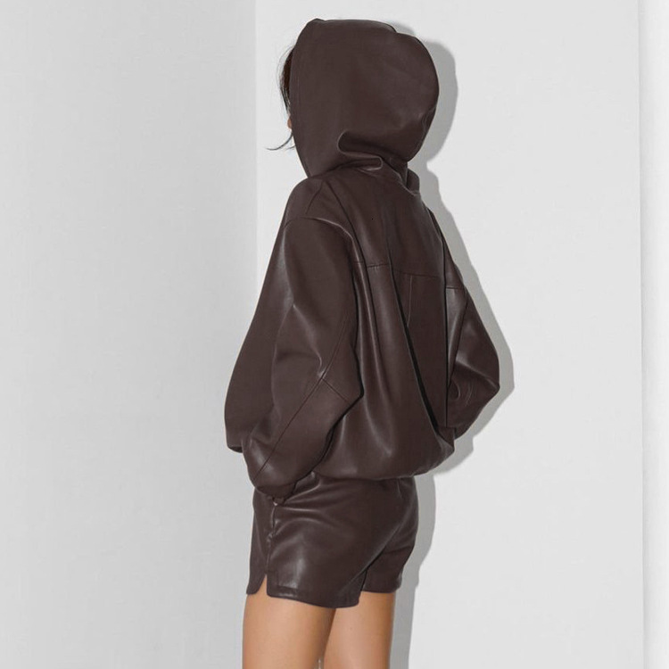 New4 Spring New Fashion Hooded Leather Sweater Shorts Trendy Street Women's Two Piece Set